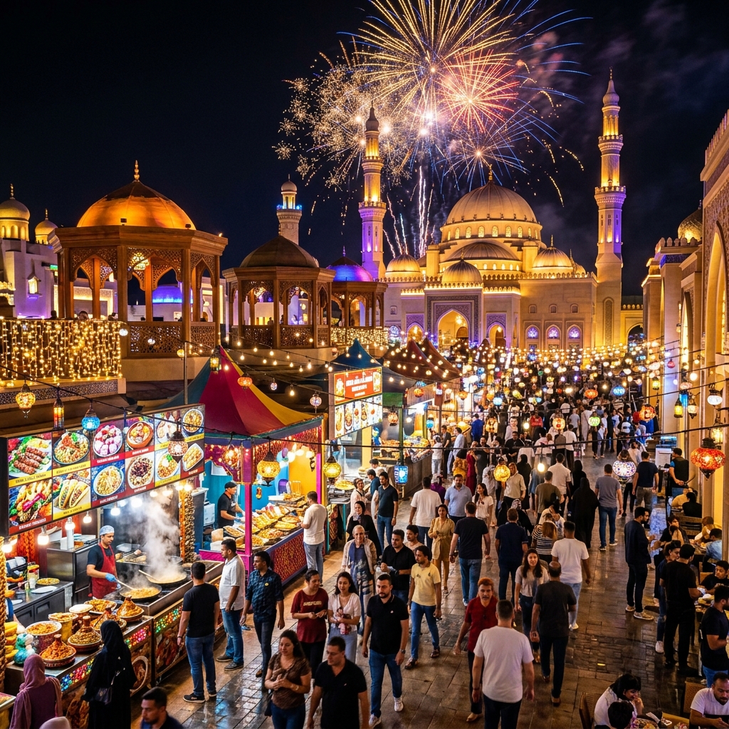 Vibrant multicultural festival at night